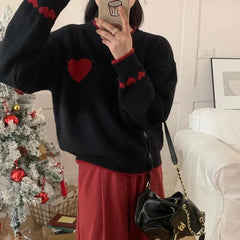 Hnewly y2k Sweaters Women Christmas Clothes Heart Print Round Neck Long Sleeve Knitted Pullover Tops 2000s Aesthetic Clothing