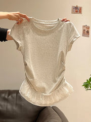 Hnewly Splicing Hem Short Sleeved T-Shirt For Women's Summer Temperament Pleated Top