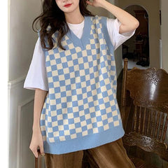 Hnewly Checkered Sweater Vest Women Blue and White Checkerboard Sleeveless Knit Top Teen-girl Y2K Preppy Style Outfit
