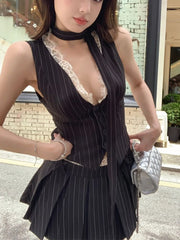 Hnewly 2000s Aesthetic Striped Outfits 2 Piece Set Summer Women Korean Fashion Vacation Kpop Lace Vest + Y2k Preppy Mini Pleated Skirt