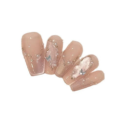 Lunivop 10pcs Handmade Girls Glued Press on Nails Pink Self-adhesive False Nails with Glue Medium Long Square Winter Stick-on Nails