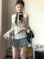 Hnewly Korean Style Sexy Off Shoulder Sweater Women Sweet Elegant Long Sleeve Knitted Pullover Cute Fashion Slim Up Sweaters