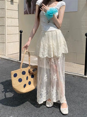 Hnewly Lace Splicing Lace Half Skirt Design Summer New High Waist Slimming Mesh Long Skirt