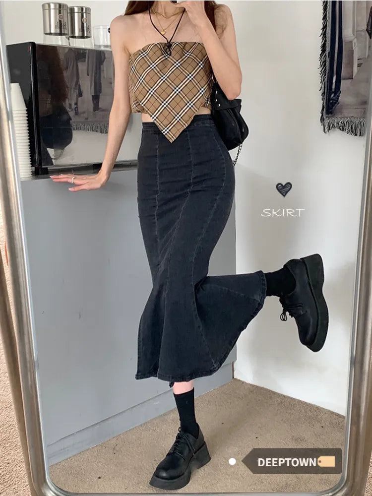 Denim Slit Long Skirt Women Korean Fashion Vintage High Waist Bodycon Ruffles Mermaid Midi Skirt Elegant Chic Summer