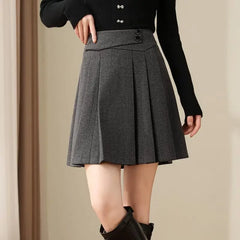 Hnewly Preppy Style Pleated Wool Skirt Women Elegant Grey Sweet Mini Skirts Vintage Solid A-line Casual Autumn Short Skirts
