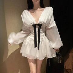 Hnewly White Dresses for Women V Neck Lantern Sleeve Spring Fall Vestidos Mujer Sexy Retro Korean Fashion Mini Dress
