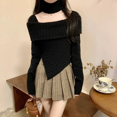 Hnewly Sweater y2k Clothes Women Coquette Off Shoulder Long Sleeve Irregular Hem Knitted Halter Tops 2000s Clothing Streetwear