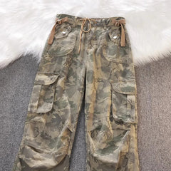 Hnewly Y2K Camouflage Cargo Jeans for Women American Midi Waist Drawstring Wide Leg Pants Bf Fashion Streetwear Hip Hop Denim Trousers