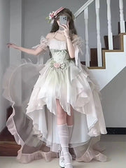 Hnewly Midsummer Dream Pink and Green Front Short Back Long Wedding Dress Lolita Dress Lolita Tailing Puffy Princess Dress