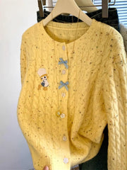 Hnewly Korean Cartoon Embroidered Sweater Women Spring Autumn New Soft Long Sleeved Knitted Cardigan O-neck Single Breasted Top