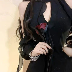 Hnewly Black Sexy Chiffon Dress Women Elegant Ruffle Mesh Mini One-piece Dress Fairycore Sweet Luxury Bodycon Korean Style
