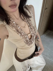 Hnewly Glitter Tank Tops Women Y2K Sequins Ruched Deep v-Neck Skinny Elastic Chic Basic Classic Summer Trend Street Vest