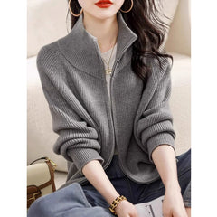 Hnewly Women's Zip Up Sweater Cardigan Cozy Knit Stand Collar Zipper Front Plain Sweater Jacket Female Korean Chic Fall Winter Outfit