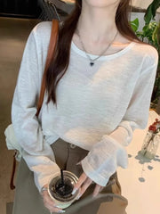 Hnewly Breezy Long Sleeve Knit Top for Women Breathable O-neck Boxy Pullovers Blouse Summer Sunscreen Shirt Cover Up Casual Outfit