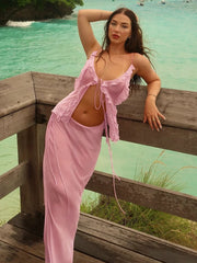 Hnewly Mesh See Through Shirring 2 Piece Set Women Irregular Ruffles Backless Tops+Long Skirts Vacation Beach Style Outfits