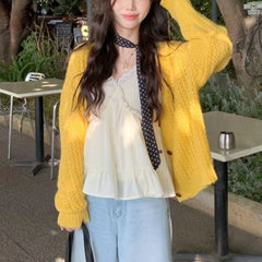 Hnewly Open Knit Cardigan for Women Long Sleeve V-neck Button Up Sweater Jacket Autumn Winter Ladies Slouchy Casual Outfit