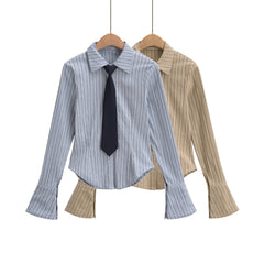 Hnewly Fall fashion shirts & blouses vintage long sleeve top japanese y2k striped tops for women cute buton up blouse women blue