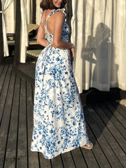 Hnewly summer style women's floral small fresh printed long skirt square neck small flying sleeves high slit back strap vacation dress