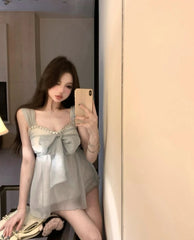 Hnewly Woman Camis Sweet Bow Bandage Rhinestone Slim Backless Summer Fashion Elegant Slim Tank Tops Female Casual Chic