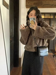 Hnewly Vintage Cropped Stand Neck Loose Casual Jacket Japanese Streetwear Fashion Fluffy Coats Y2k Aesthetic Grunge Women Chaqueta Coat