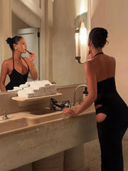 Hnewly Irregular Hollow Dress Women Sexy Halter Low-Neck Backless Sleeveless Robe Midnight Club Party Fashion Long Bodycon