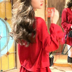 Hnewly DRESS TO IMPRESS Elegant V-neck Ruffles Long Sleeve Tops Women+ Y2k E-Girl High Waist Ruched A-line Skirts Spring New Red Two Piece Sets