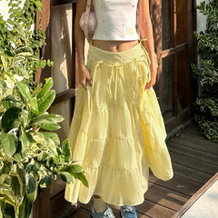 Hnewly Cute Fairycore Bow Stitching Skirt Summer Holiday Casual Loose A-line Long Skirts for Women y2k Aesthetic Ladies Clothing
