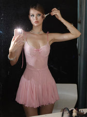 Hnewly Lace Patchwork Dress Women Backless Bow Lace-Up Sleeveless Thinny Pleated Solid Midnight Clubwear Party Mini Bodycon