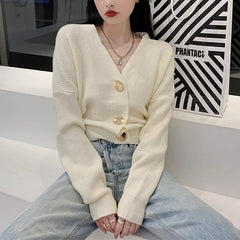Hnewly Metallic Gold Button Cardigan Women Rib Knit Long Sleeve V-neck Button-up Crop Jacket Korean Fashion Fall Winter Outfit