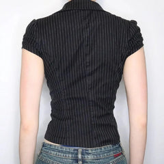 Hnewly American Sexy V-neck All-match Striped Shirt Women New Slim Waist Blouses Summer Short Sleeve Black Blusas De Mujer