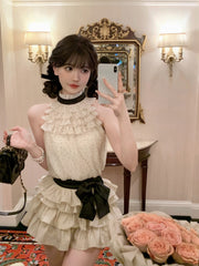 Hnewly Chiffon 2 Piece Skirts Sets Outwear Casual Y2k Crop Tops Sleeveless + Mini Skirts Korean Fashion Suits 2000s Vintage Clothing