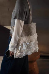 Hnewly Luxury White Tweed Open Tote Bag Ostrich Feather Trim Large Sequin Patchwork Handbag Wedding Bridal Gift Party