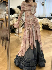 Hnewly Summer French Retro Print Midi Dress Female Casual Irregular Denim Vintage Y2k Dress Women Korean Fashion Evening Party