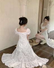 Hnewly Korean Fashion Womens White Long Dresses Puff Sleeves Summer Elegant Party Dresses 2024 Casual Slim Female Sexy Dresses