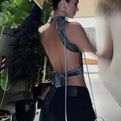 Hnewly Sexy Women Backless Tank Top Y2K Bling Glitter Sleeveless Bandage Crop Tops Summer Girl Fashion Streetwear Skinny Vest