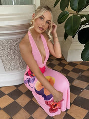 Hnewly Flower Print Dress Women Backless Sleeveless Lace-Up Tassel Halter Folds Patchwork Beach Vacation Party Vestidos