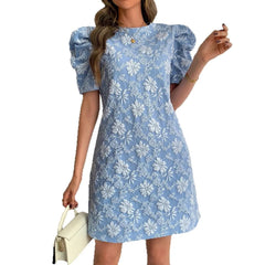 Hnewly Blue Flora Printed Puff Sleeve Dress Women Chic Pleated Round Neck High Waist Slim Long Dresses Lady Fashion Daily Street Gowns