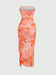 Lunivop Women's Floral Print Ruffle Hem Bustier Dress For Holiday