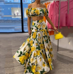 Hnewly New Fashion Women's Skirt Set Summer Casual Simple Commuting Style One Shoulder Bubble Sleeves Print Two Piece Set