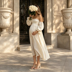 Hnewly Soft Gauze Cotton Maternity Gown Off Shoulder Elastic Top With Bubble Sleeves Dress Breathable Flowly for Pregnancy Photos
