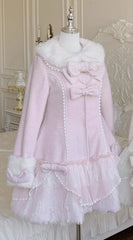 Hnewly Japanese Cute Girls Sweet Lolita Pink Long Woolen Coats Autumn Winter New Women Sweet Elegant Bow Plush Collar Overcoats