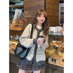 Hnewly WINTER OUTFITS Korean Style Vintage Knitted Cardigans Women Sweet Preppy Style Sweaters Elegant Long Sleeve Retro Patchwork Cardigan