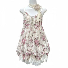 Lunivop Vintage Harajuku Lace Pleated Drastring Sling Dress Y2k Japanese Sweet Lolita Cute Flower Print Puffly Dresses Punk Girl Clothes