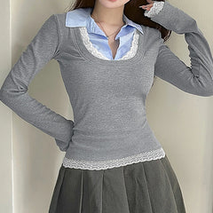 Hnewly Stitching Slim-fitting Knit Crop Top Women Full Sleeve Turn-down Neck Skinny T-shirts y2k Casual Shirts Korean Style Tees