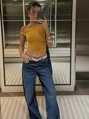 Hnewly Irregular Off Shoulder T-Shirts Women Ruched Fashion Skew Collar Single Sleeve Daily Casual Solid Simple Streetwear