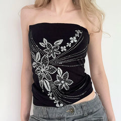 Hnewly Gothic Floral Print Tube Top Black Strapless Skinny Cropped Tops for Summer Casual Graphic Tees y2k Streetwear Vest Women
