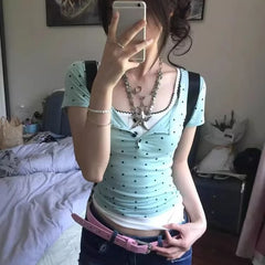 Hnewly Sweet All-match Fake Two Piece T-shirt for Women 2025 Summer New Tops Mujer Y2k E-Girl Slim Waist Short Sleeve Tee Shirt