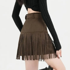 Hnewly Suede Vintage Tassel A-line Skirt Autumn and Winter High-waisted Slimming Hot Girl Maillard Skirt Women Fashion Personality