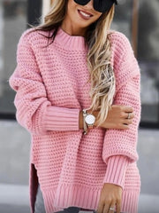 Hnewly New Loose Split Knitted Long Sleeve Thick Sweater Half High Neck Korean Fashion Pullover Autumn Winter Black Women Clothes