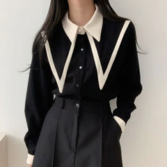 Hnewly Elegant Vintage Edge Piping Peaked Collar Shirts Women Spring Loose Puff Sleeve Blouses Simple Single Breasted Tops